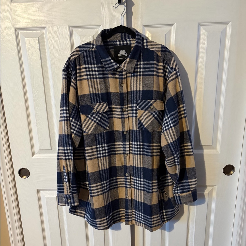 Men’s Winston Plaid Blue,Tan And White Flannel Shirt-Jacket With Pockets NWT 3XL